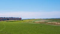 the Sylt shuttle, a Deutsche Bahn car transport train, runs from Niebüll towards Westerland on Sylt, destination germany